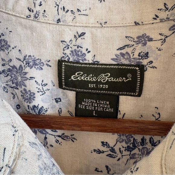 Eddie Bauer Prarie Linen Floral Shirt Dress Cream & Blue 3/4 Sleeve Large - Picture 3 of 10